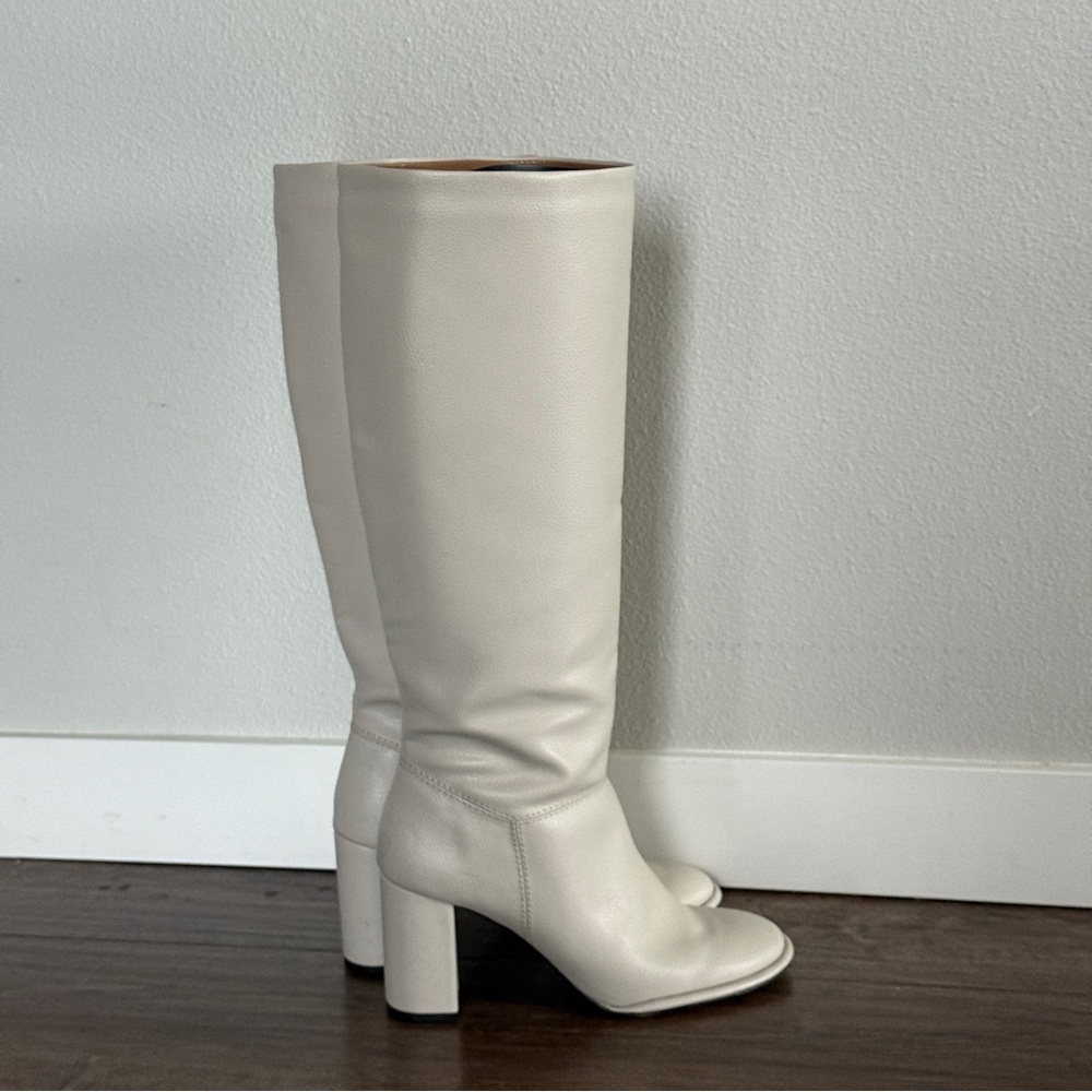 Cream knee high heel boots with rounded toe and wide calf - Picture 4 of 9